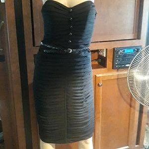 Classy black ruched form fitting LBD cocktail dress by Betsey Johnson Evening